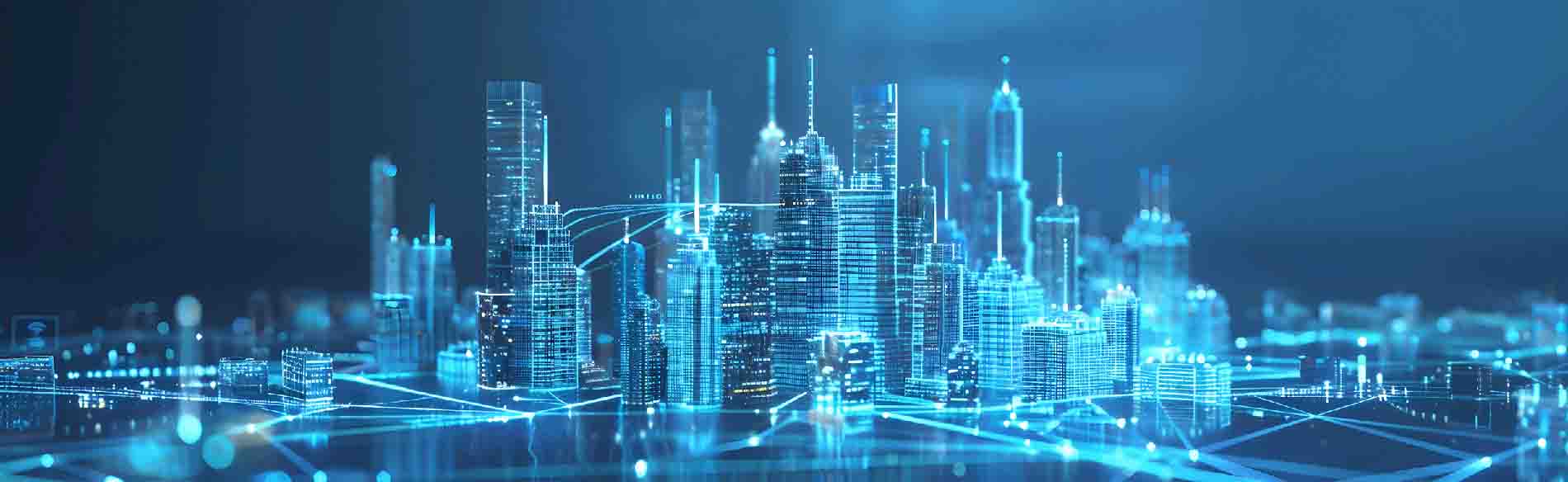 Eine Silhouette einer Stadt mit Hochhäusern, die aus blauen, leuchtenden Linien und Punkten besteht und die sowohl die 3D-Planung als auch die Modernität der zukünftigen Stadtplanung widerspiegeln soll.