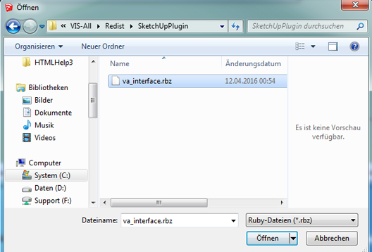 das Plugin va_interface.rbz im Fenster finden das Plugin va_interface.rbz im Fenster finden