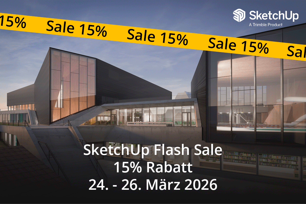 Modernes Gebäude aus 3D-Ansicht mit großer Flasfassade. Gelbes Banner mit Sale 15% und den Worten "SketchUp Flash Sale 15% Rabatt 24. - 26 . März 2026"